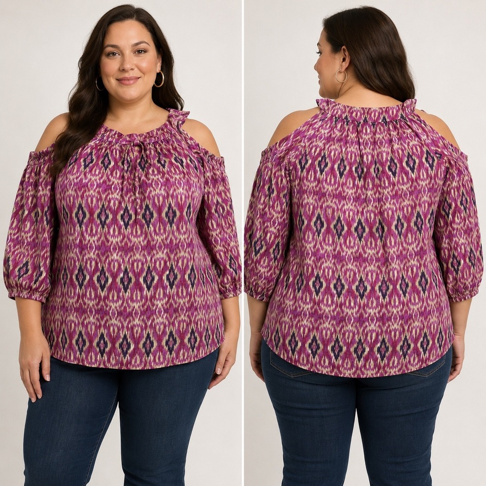 Lauren Ralph Lauren Ikat Cold Shoulder Blouse Purple Magenta 1x NWT Bohemian